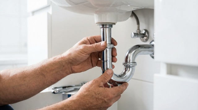 Plumber fixing leaky faucet pipe under sink during plumbing repair