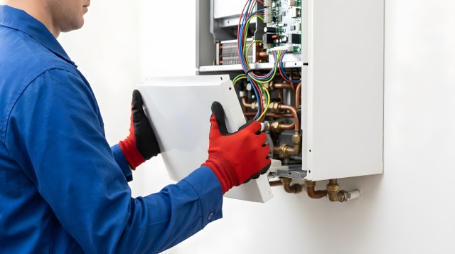 professional boiler maintenance service | HVAC technician repairing heating system | gas boiler inspection and annual service | heating engineer removing boiler casing
