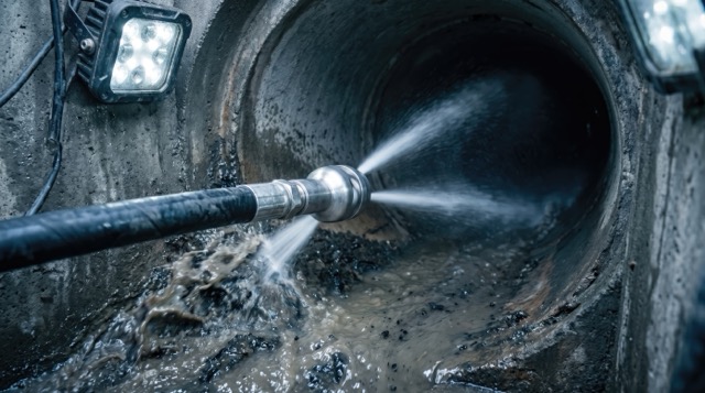 Maintenance severed main sewer pipe hydro jet cleaning concept. High-pressure water jet cleaning a sewage pipe in a dark, industrial environment.