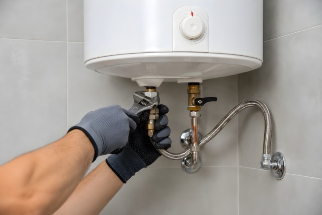 Professional Water Heater Installation and Repair Service Technician Performing Residential Hot Water System Maintenance, Plumbing Repair, Home Improvement, Commercial Stock Photo