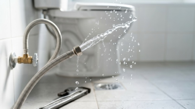 Water spraying from a flexible hose connected to a valve near a toilet Career Skills